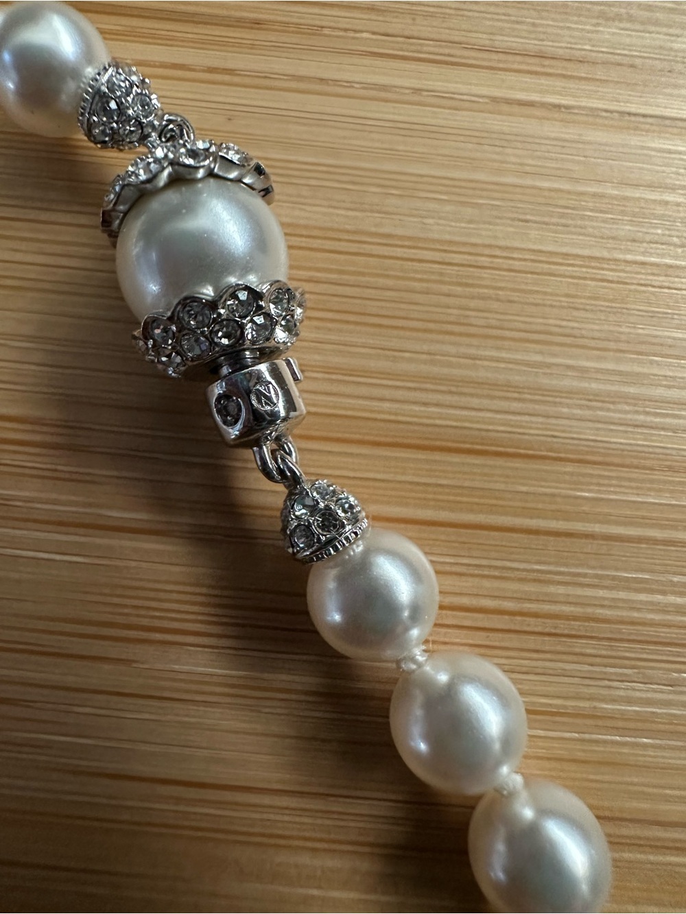 NADRI Signed Faux Pearl Long Necklace Crystal Rhinestone Clasp - Picture 6 of 8